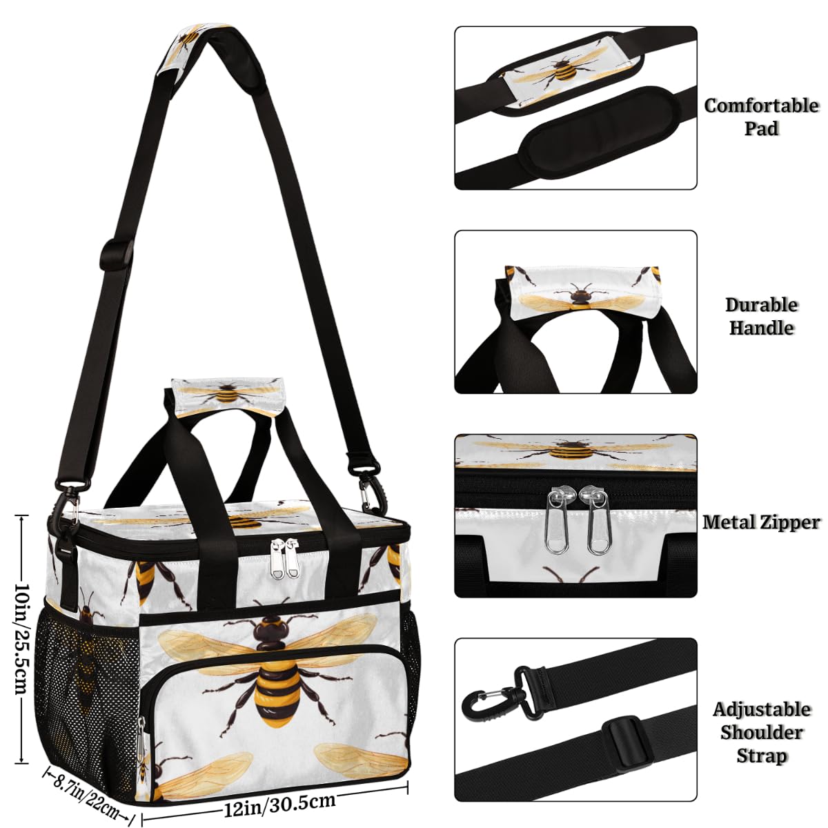 Bees Insulated Picnic Backpack Lunch Box for Women Men Picnic Basket Tote Lunch Bag Picnic Bag Portable Lunch Bags for Picnic, Beach, Work, Trip,Office, Camp Bee Print