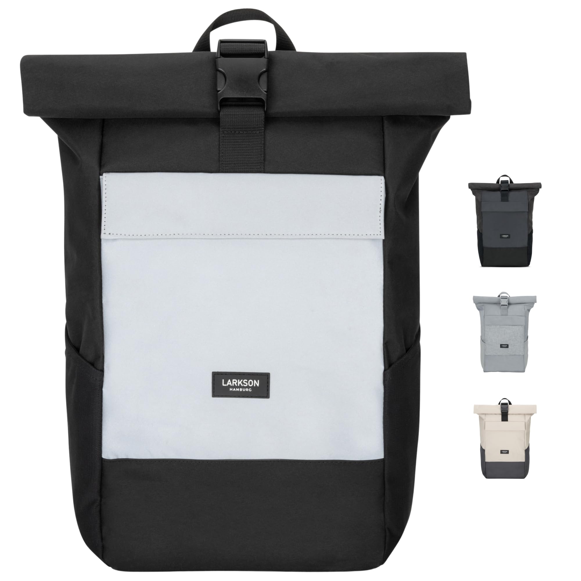 Larkson Roll Top Backpack Women & Men Black Reflective - No 4 - Rucksack for University, School, Office - College Laptop Bag 16 Inches - Water-Repellent