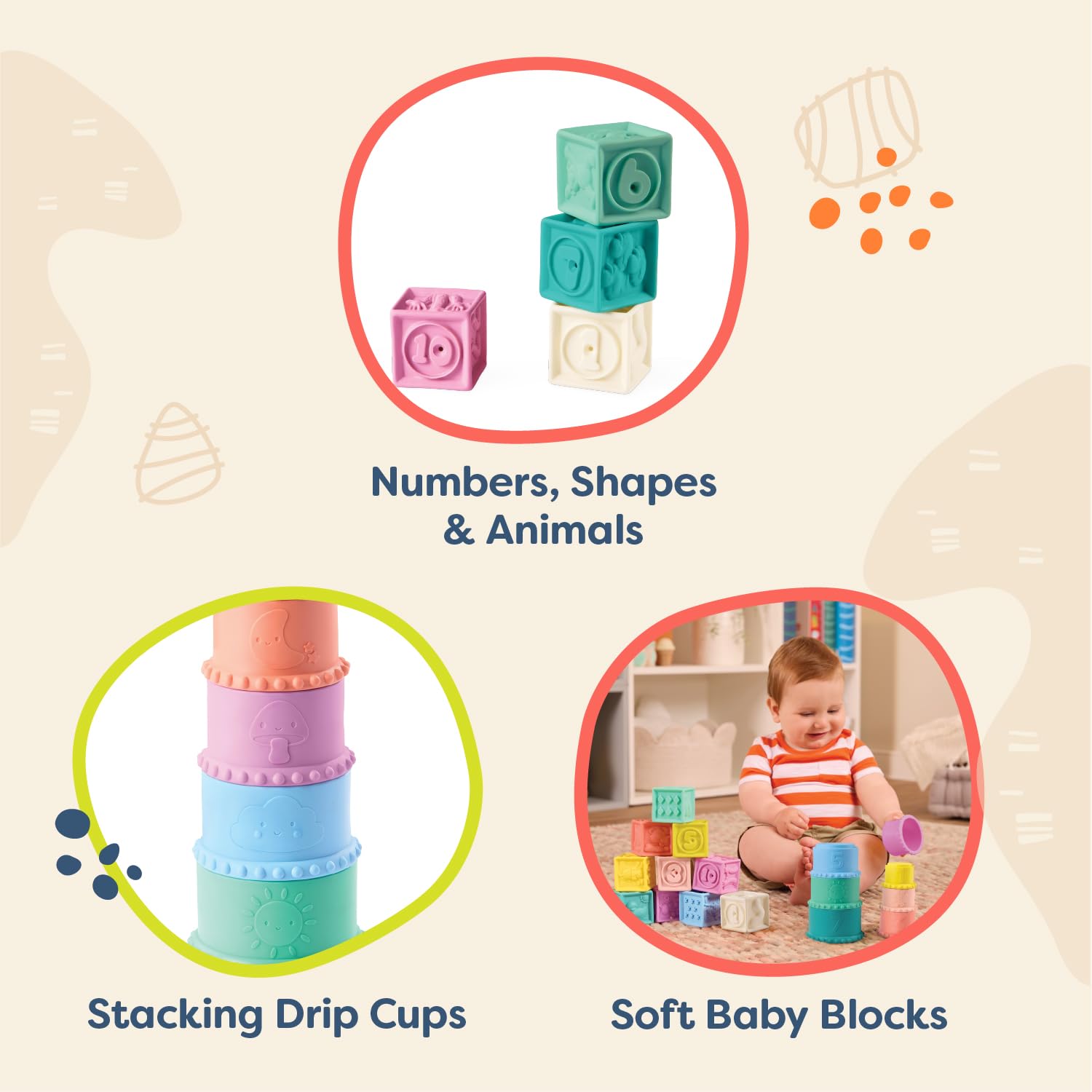 B. toys - Squishies do układania w stosy - Zabawka sensoryczna dla niemowląt - Miękkie klocki dla niemowląt - Figury, kształty i zwierzęta - 6 miesięcy +