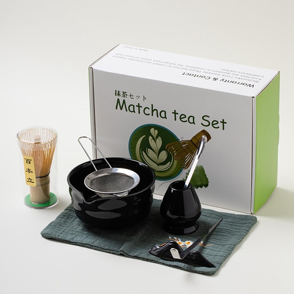 Juego de 8 batidores de matcha con caja de regalo blanca, juego de ceremonia de té tradicional japonés, juego de cuencos de cerámica esmaltada a rayas horizontales para amantes del té verde, color