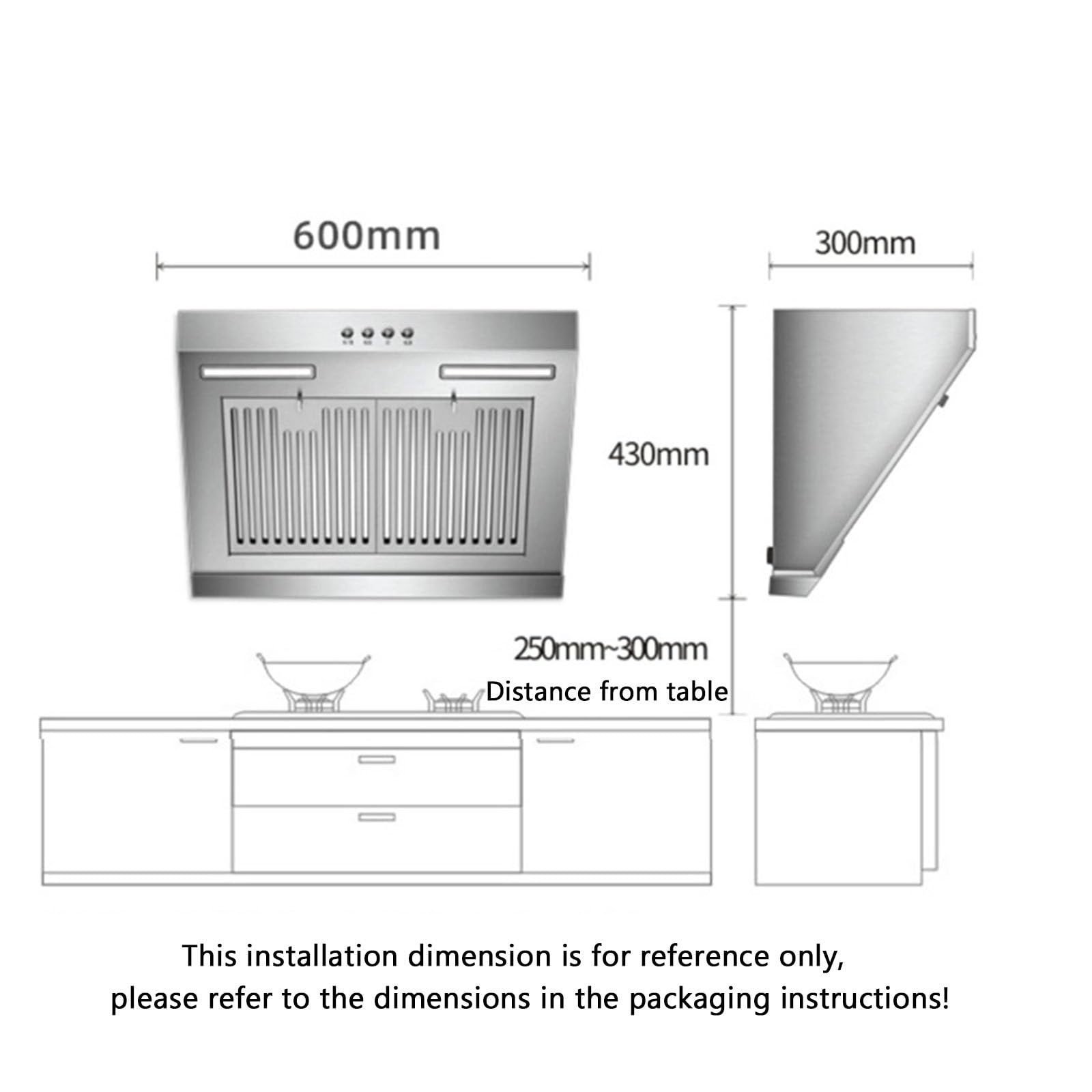 Okapy kuchenne, mały okap ze stali nierdzewnej, 230 W boczny okap kuchenny z diodą LED, 17 M³/min, dioda LED, 400 mm/600 mm ścienny wentylator wyciągowy,600mm