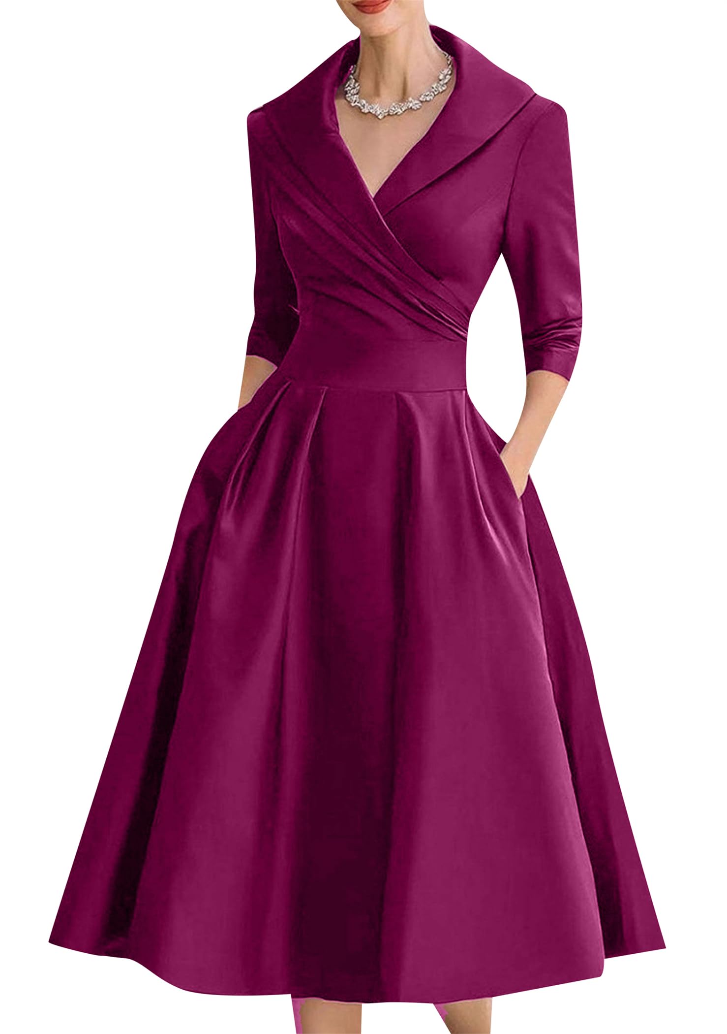 OMZIN Mujeres Envuelva V Cuello 3/4 Manga Vestido Elegante Ajuste Y Flare Fiesta Cóctel Vestido De Trabajo con Bolsillos