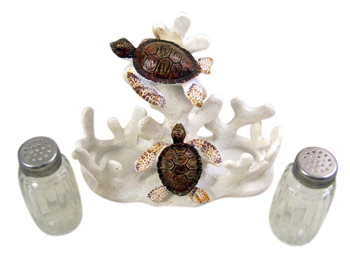 Tortuga de mar de resina fundida con soporte para salero y pimentero de coral con dos agitadores, 6 1/4 pulgadas