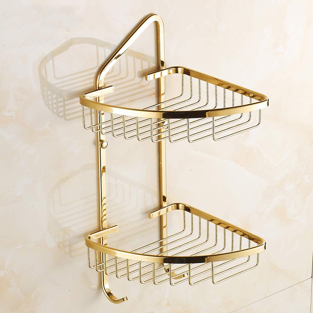 Hvauty 2-Tier Luxury Gold Brass Wall Mount Bathroom Corner Shelf Basket Towel Shampoo Shower Caddy Storage Organizer Holder