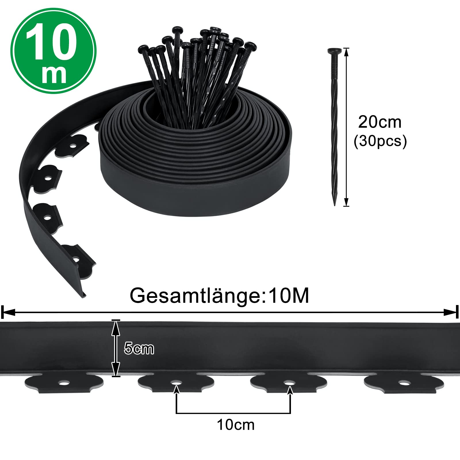 NAIZY Flexible Rasenkante Kunststoff 2x10m Beeteinfassungen aus PP-Kunststoff Gartenumrandung mit 60 Befestigungsnägel Beetumrandungen 5cm höhe für Garten, Schwarz