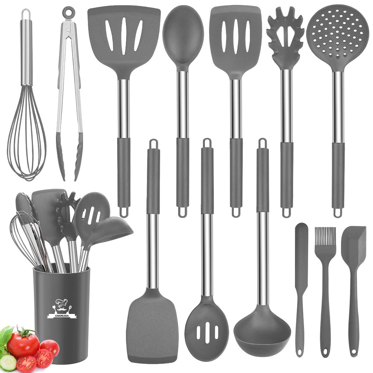 Silicone Cooking Utensil Set, 14pcs Kitchen Utensils Set Non-stick Heat Resistant Cookware Copper Stainless Steel Handle Cooking Tools Turner Tongs Spatula Spoon - BPA Free, Non Toxic