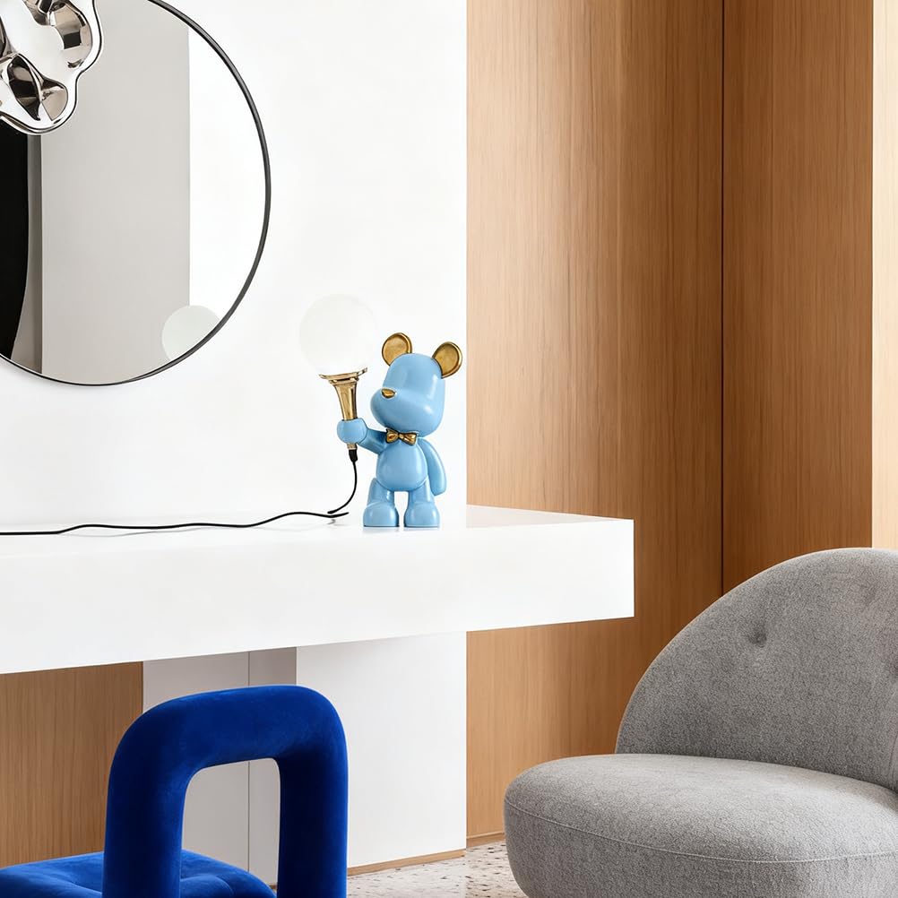 Kinderzimmer G9 Tischlampe Mond Bear Tischleuchte mit Kabel (Blau) | Kunstharz Kinder Bettlampe Cartoon Moderne Design Baby Nachtlampe für Wohnzimmer Schlafzimmer Babyzimmer mit Leuchtmittel