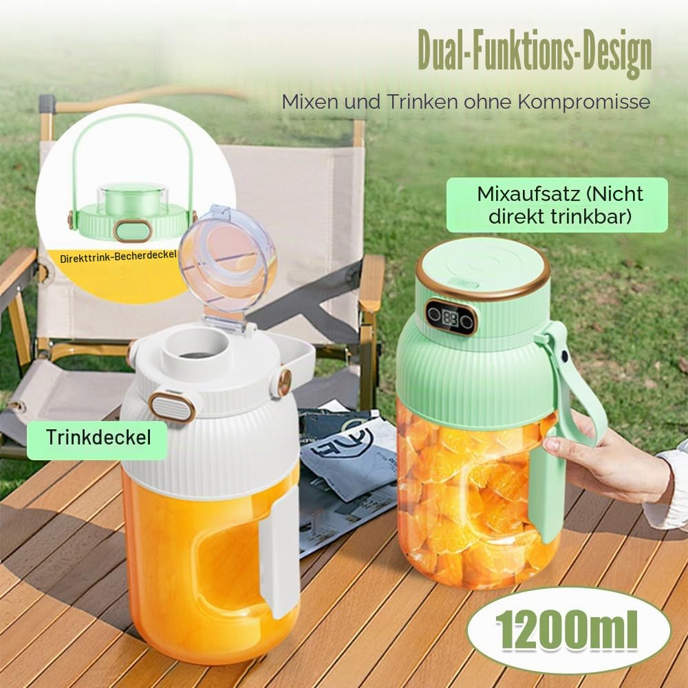Tragbarer Entsafterbecher, 1200 ml Smoothie-Mixer mit Digitalanzeige, USB wiederaufladbar Multifunktionaler Portable Juicer Cup für Küche, Reisen, Büro, Fitnessstudio