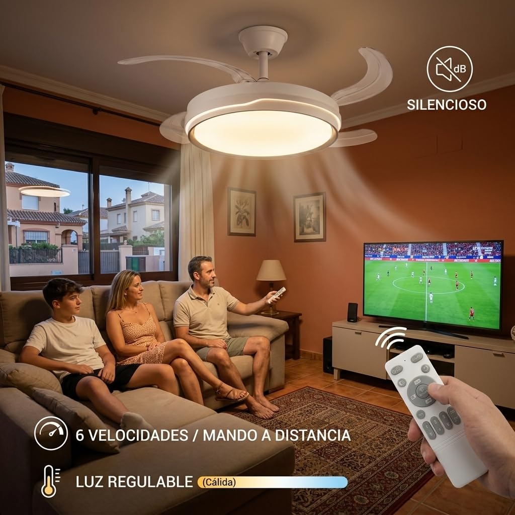 Ventilador de Techo Retráctil con Luz LED 70W, Motor DC 30W Silencioso, 107cm, 6 Velocidades, Luz Regulable con Memoria, Modo Noche, Temporizador 2H/4H, Reversible, con Mando (Raya Clásica)