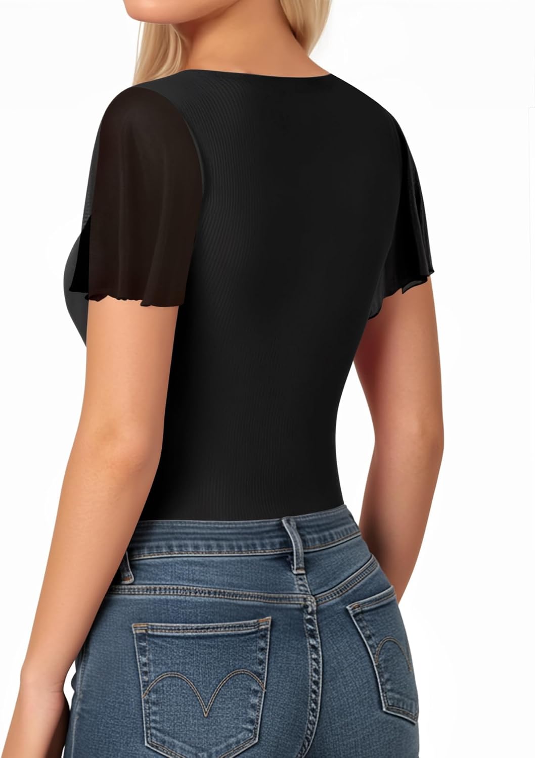 MANGOPOP Women's Bodysuit Square Neck Ruffle Flutter Sheer Mesh Short Sleeve Slim Fit Blouse Body Suits Tops Casual - Image 3