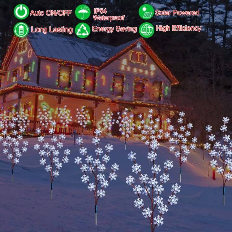 New Designed Set of 4pcs 80 led Solar Christmas Snowflake Lights for Yard Decor,8 Modes Waterproof Outdoor Lighted Solar Stake Lights for Xmas Lawn Walkway Holiday Cemetery Decoration(Cool White)