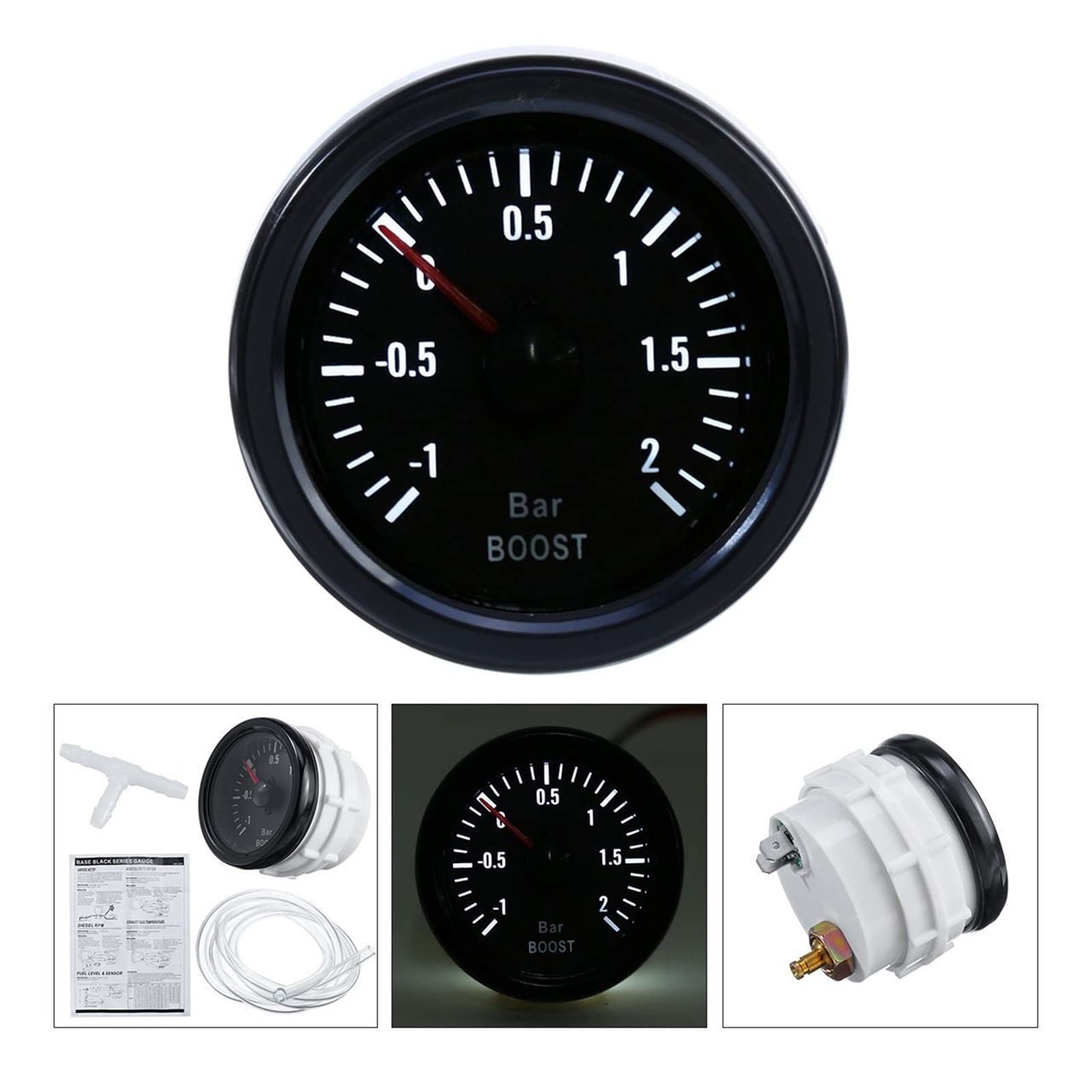 Meccanico Turbo Boost Manometro -1 ~ +2 Bar 2 "52mm Bianco PORTATO Display Black Bezel 12V Universal Boost Puntainter Meter Misuratore di Spinta