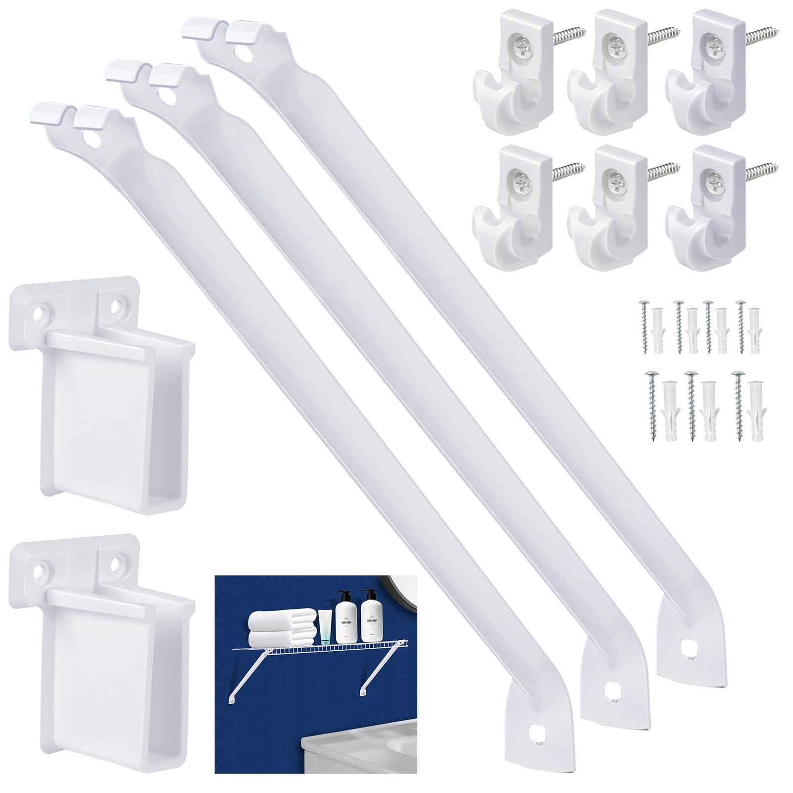 Juego de soportes de estante de alambre de 12 pulgadas, incluye soportes de soporte de estante de 3 cables, clips de estante de 6 cables y 2 soportes finales, adecuado para instalación de armarios y