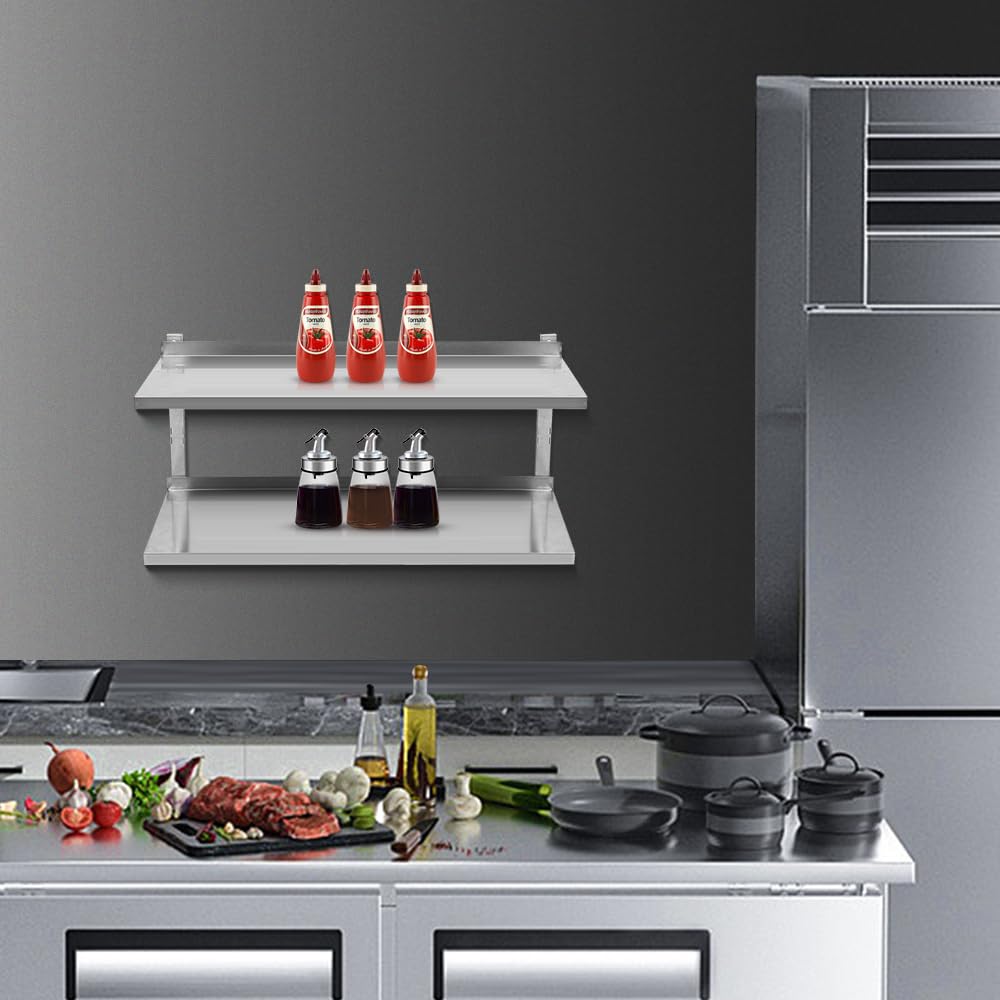 OHMG Étagère Murale Rangement Cuisine 2 Plateaux,Cuisine Tablette Flottante INOX,Porte-épices,pour Restaurant, Bar, Maison, Cuisine, buanderie, Garage et buanderie