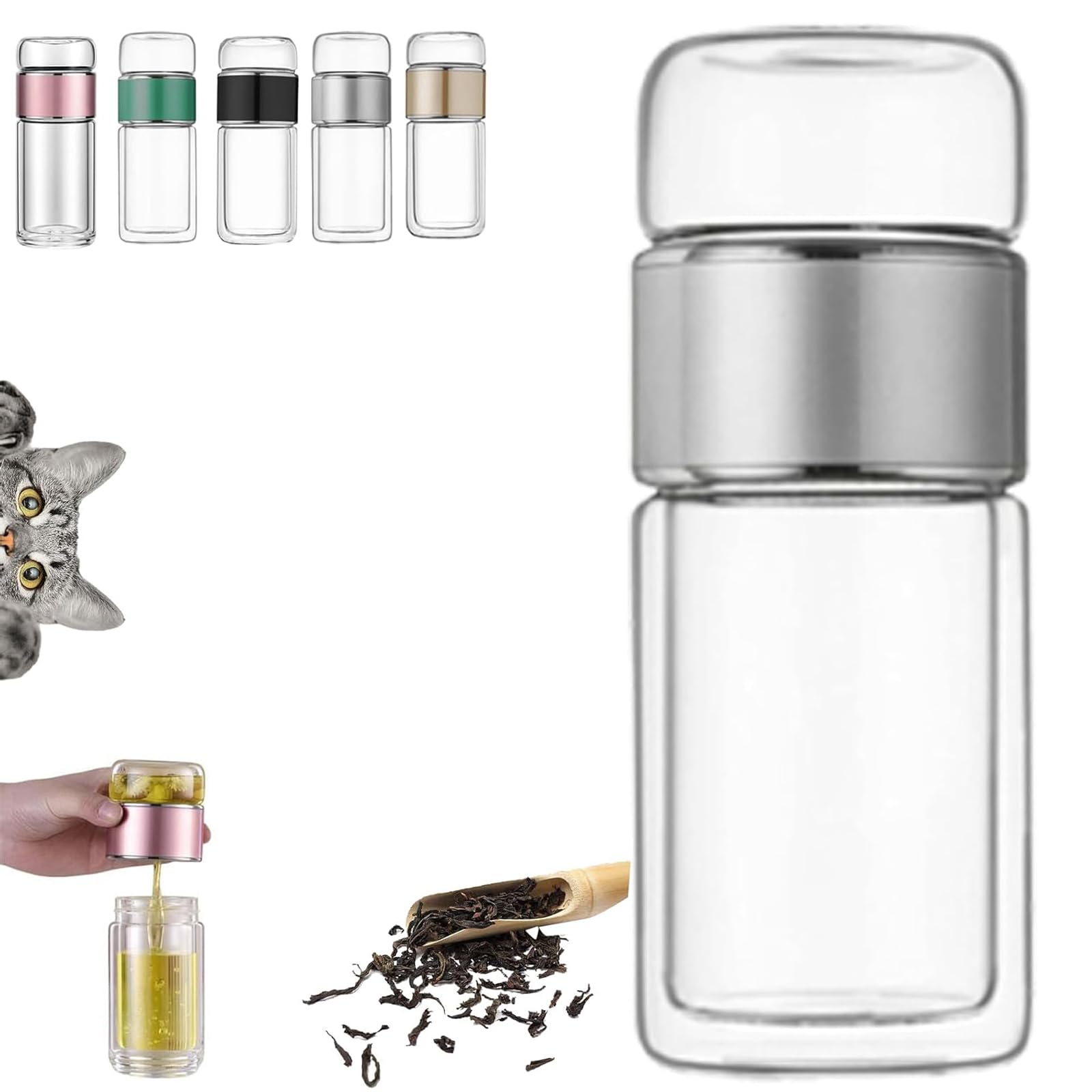 Glass Infuser, Double Layered Glass Tea Separation Cup, 3-in-1 Smart Tea Infuser, Portable Loose Leaf Tea Maker for Home, Office, or Travel Use (Silver, 280ml)
