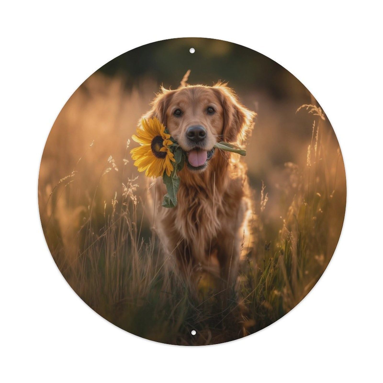 Cwbufd Vintage Style Animal Golden Retriever Holding Sunflower Warm Nature Countryside Vintage Metal Tin Sign Plaque Wall Decor For Cafe, Club Bar, Office, Garden Metal Poster 8X8inch