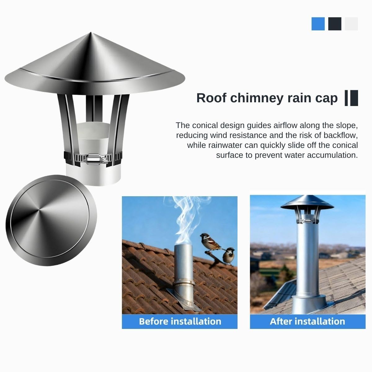 5cm-30cm Sombrerete de chimenea con parte superior cónica para exterior tubo de conducto,201 acero inoxidable sombrerete de chimenea,lluvia nieve Sombrerete,techo Sombrerete lluvia cubierta para Mad