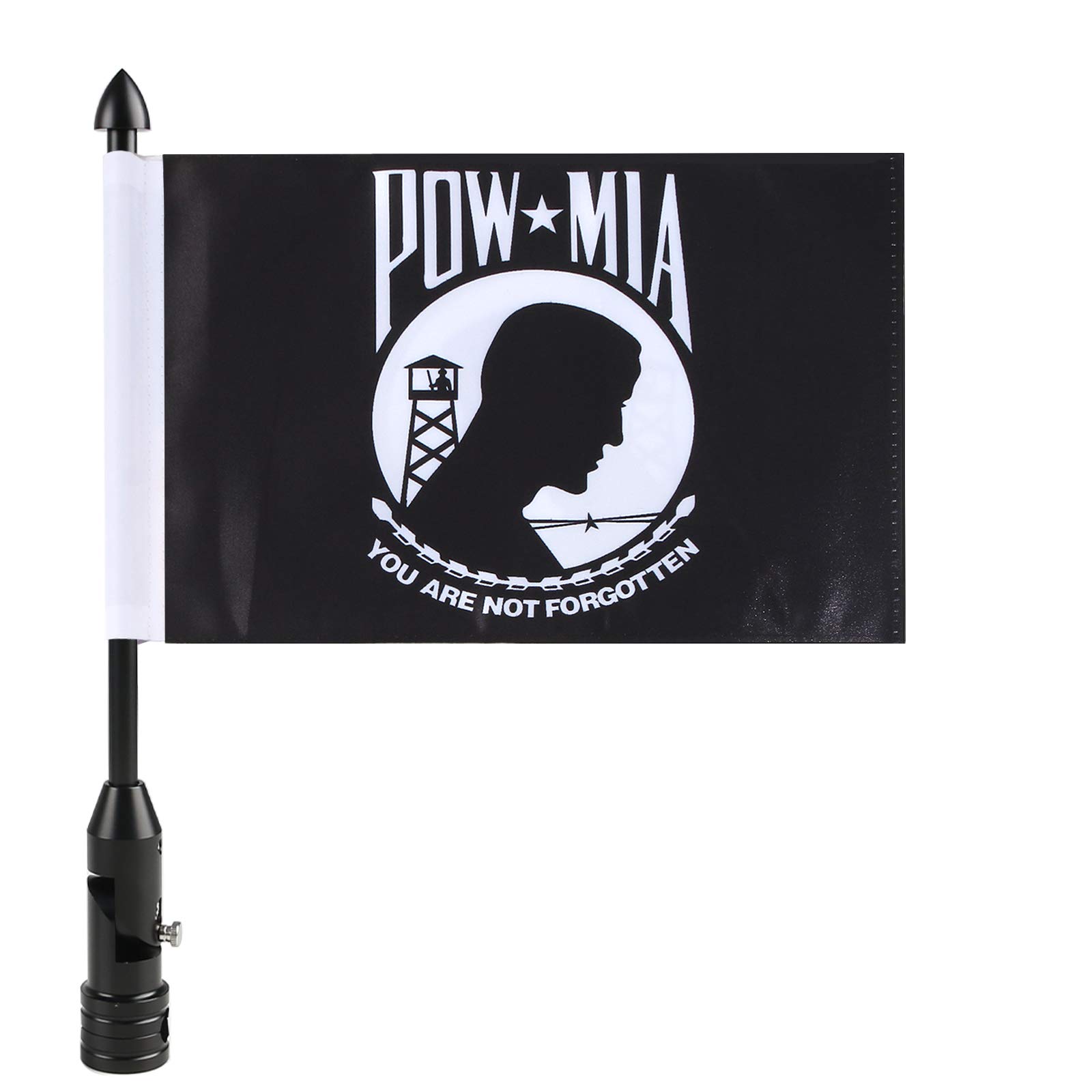 Motorcycle Flag Pole Mounts Fold Down 90° with POW MIA Flag "You Are Not Forgotten" Flip Down Holder – Fits 1/2" Motorcycle Luggage Rack for Harley Road King Touring Spring Honda Goldwing etc