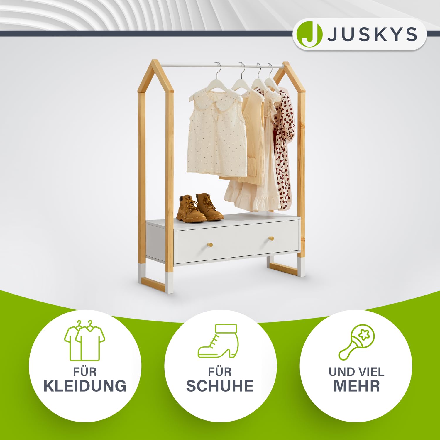 Juskys Kinder Kleiderständer Filla - große Schublade, Kleiderstange, offener Ständer - Kindergarderobe aus Holz - Mädchen & Jungs - Garderobe Weiß