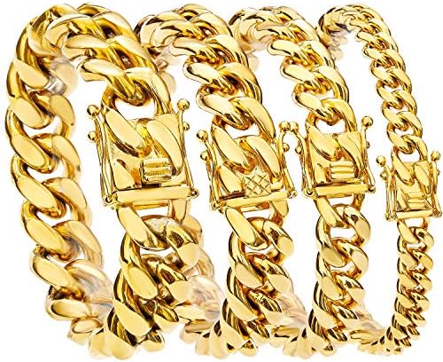 Gold Cuban Link Chain Necklace or Bracelet With Design Box Clasp for Men Boys 18K Gold Stainless Steel Hip Hop Miami Curb Chains(12MM, 8")