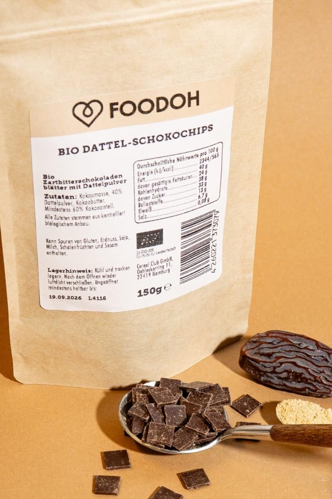 Bio Dattel-Schokochips Zartbitter | 60% Kakao | nur mit Dattel gesüßt | vegan | bio