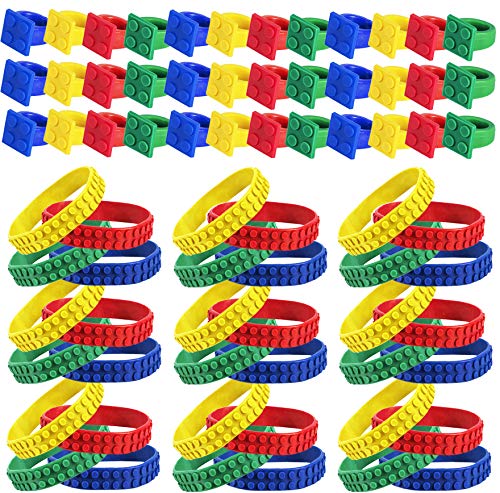 Tigerdoe Lego Party Favors - 72 Pc Set - Lego Themed Party Favors - Wristbands & Rings