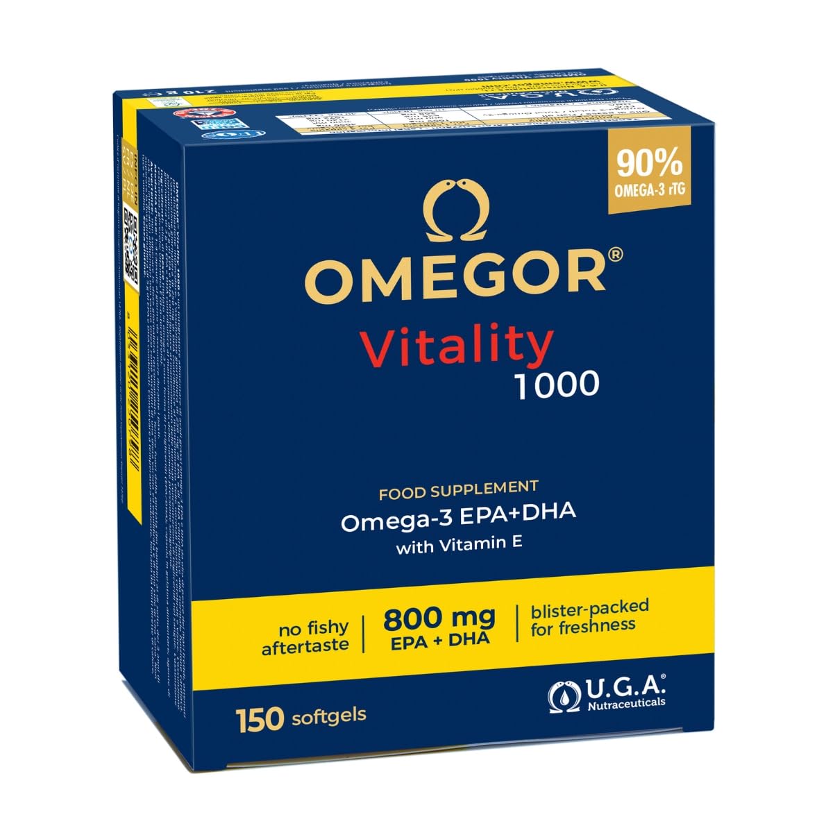 Omegor Vitality 1000 - Supplément avec 1000 mg d'oméga 3 - vitamine E - Pour votre cœur et votre cerveau - Concentration d'oméga 3 à 90% - 5-Star Certificat IFOS - Huile de poisson pure - 150 gélules