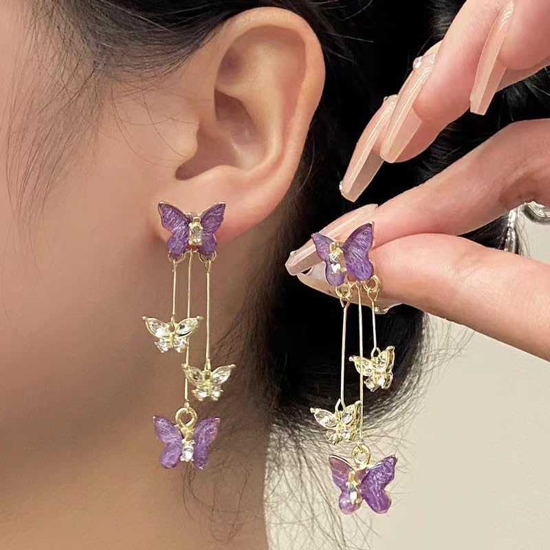MALOYANVE Purple Butterfly Tassel Earrings for Women Charm Vintage Crystal Rhinestone Animal Wings Drop Earrings Jewelry Gifts - Image 2
