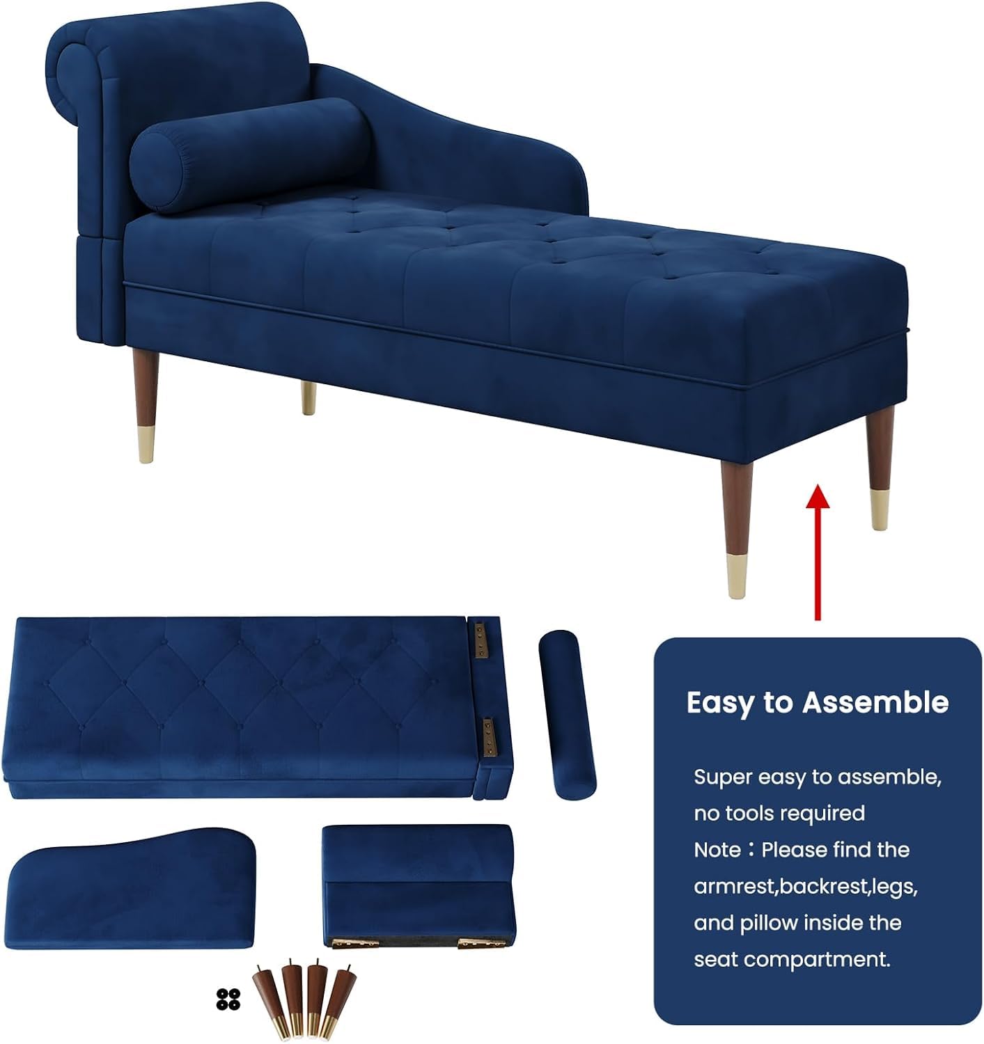 Vesgantti Velvet Chaiselongue, Indoor Lounge Sofa mit linker Armlehne und Lendenkissen, Recamiere für Wohnzimmer, Schlafzimmer und Büro, Samt Loungesessel 149.5 x 54 x 76CM