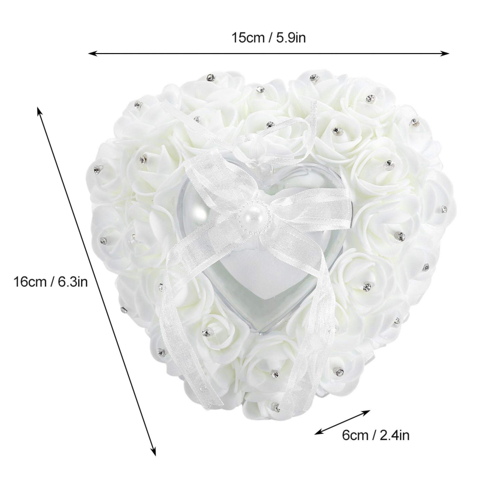 Mumusuki Wedding Pillow, Romantic Heart Shaped Wedding Box Rose Rhinestone Decoration Pillow Cushion(White)