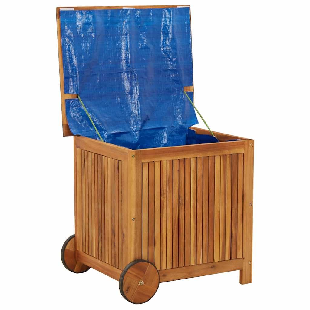 Baúl de jardín con ruedas, 60 x 50 x 58 cm, resistente a la intemperie, de madera maciza de acacia, caja con asa y bolsa interior para jardín, balcón e interior