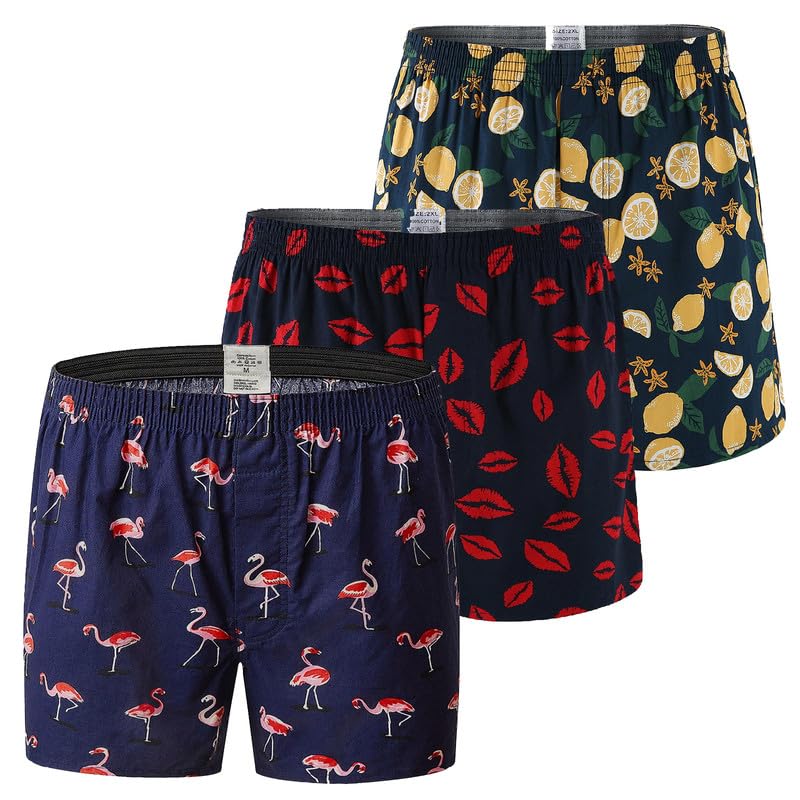 Hialegion Boxershorts Herren Weit 3er Pack-Bequeme Webboxer aus Baumwolle mit Lustigen Motiven-Flamingo Zitrone Kussmund-Bunte Unterhosen Männer Retroshorts L