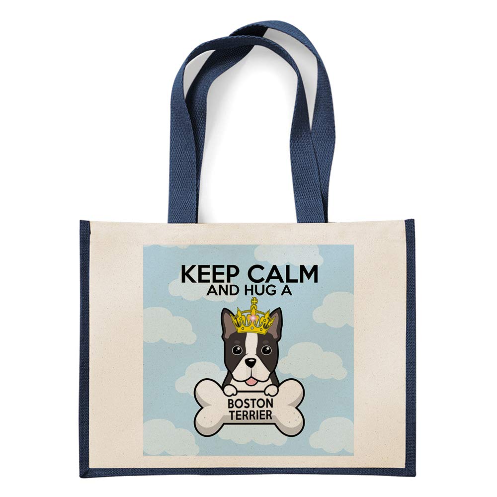 Getagift Keep Calm And Hug a Boston Terrier Dog/Pet Themed Canvas Shopping Jute Bag. Gift For Christmas, Birthday Present, Gift Idea (Navy Blue)