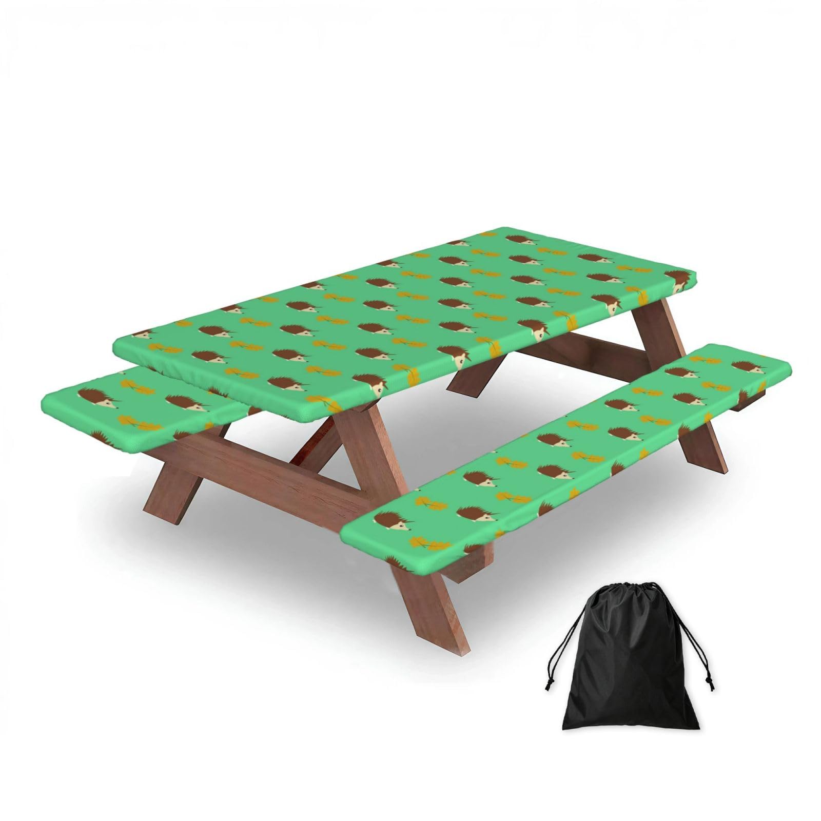 Dopklna As Picture Hedgehogs & Leaves, Picnic Table Cover With Bench Covers -Waterproof Elastic Fitted Tablecloth For Garden Camping Patio 76X152cm