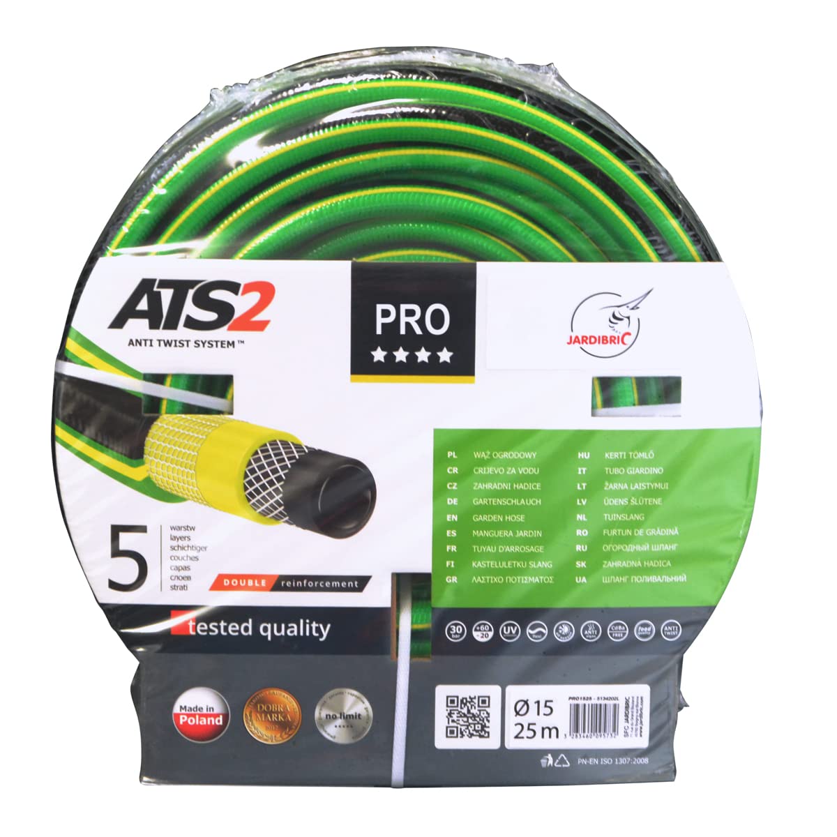 Jardibric - Tuyau d’Arrosage PRO 5 Couches Ø 15 mm 25 m - 30 Bars - Guipé Tricoté - Anti-UV et Anti-Algues
