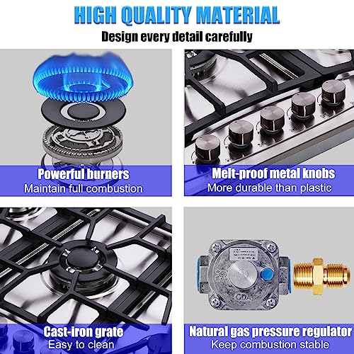 Hothit Propane Gas Cooktop 30" Inch, 5 Burner Built-in Stainless Steel Gas Stove Top, LPG/NG Dual Fuel, Include Gas Pressure Regulator Gas Range(L30"×W20")