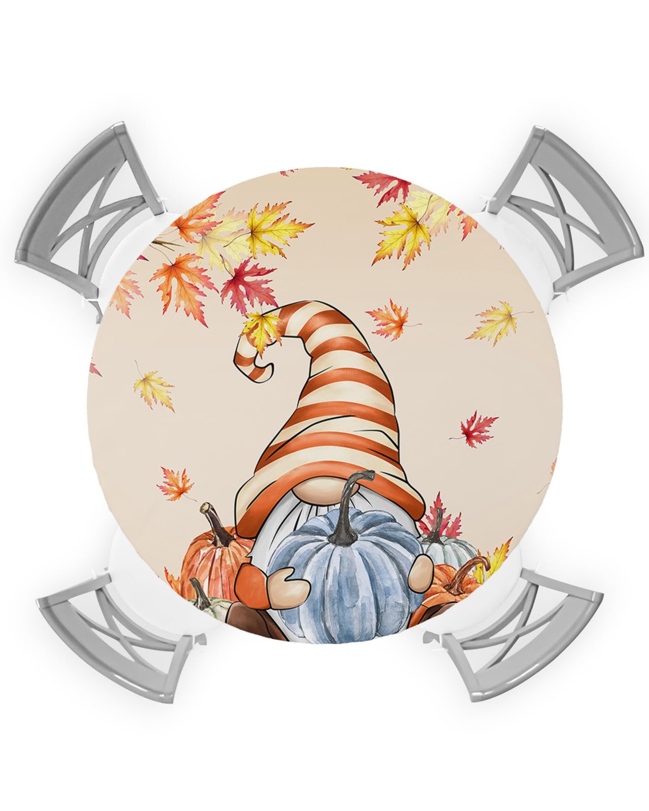 Thanksgiving Autumn Round Tablecloth Fitted Table Cover, Elastic Tablecloths Waterproof Outdoor Indoor Stretch Cloth Tablecover for Dinner, Party, Shower, Fall Gnomes Blue Pumpkin Maple Leaves 36-44IN