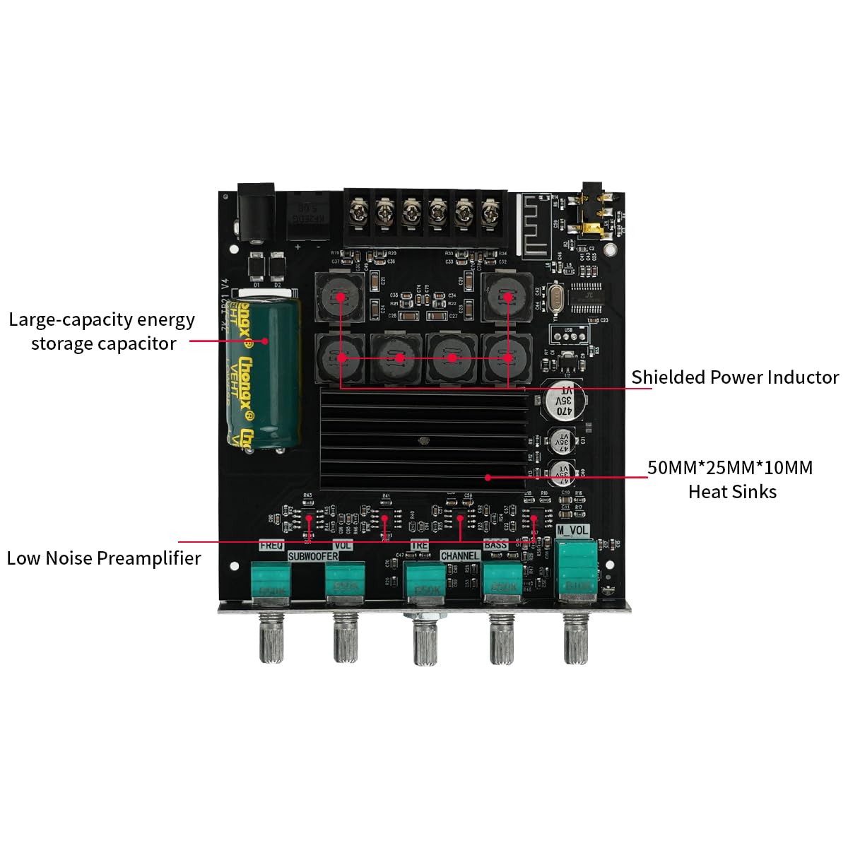 Bluetooth Audio Amplifier Board, 2.1CH 50W x 2 +100W Subwoofer Power Amp with Treble and Bass Control,JR-TB21 Bluetooth5.0 and AUX Inputs, Stereo Digital AMP Module for DIY Home Speakers.