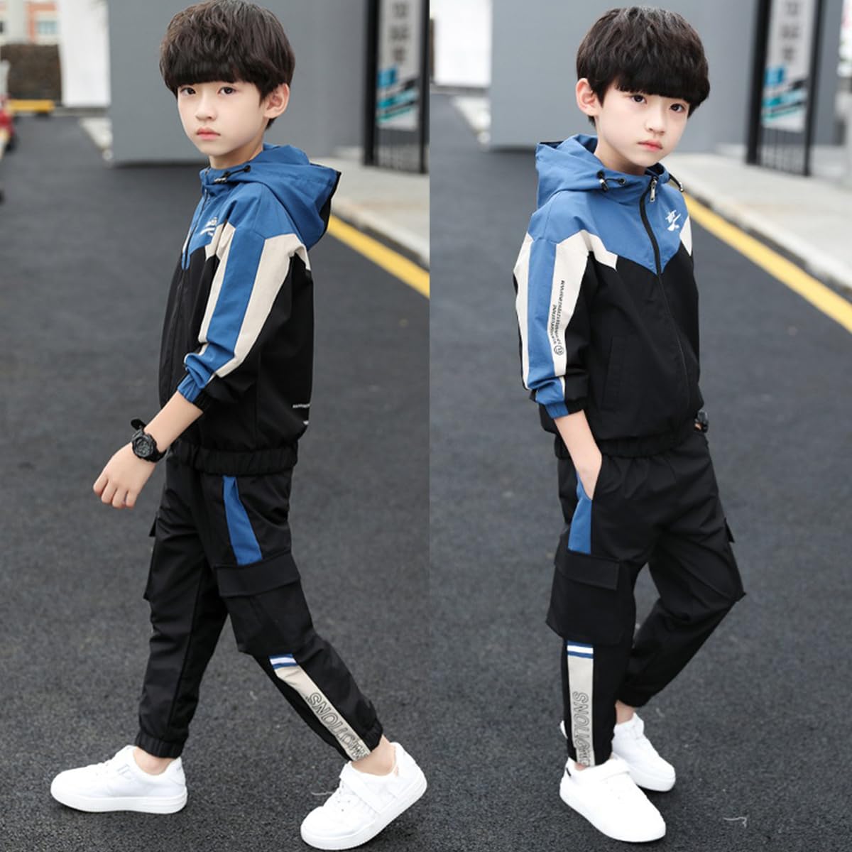 linboo Survêtement de sport pour enfant garçon - 2 pièces - Ensemble de vêtements de jogging - Combinaison de sport - Manches longues - Veste de survêtement avec capuche et pantalon de sport