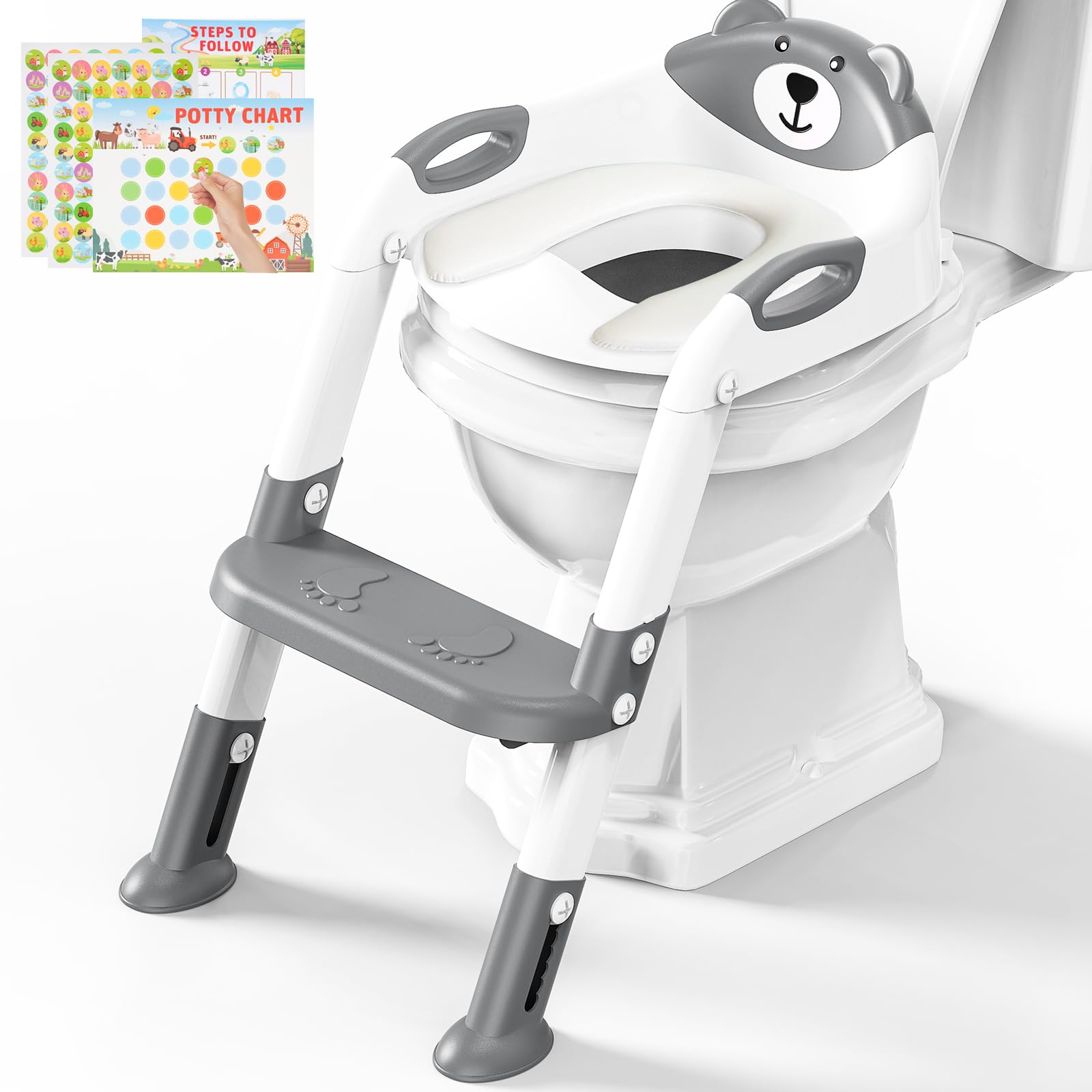 Toilettensitz Kinder mit Treppe, Upgraded WC Aufsatz für Kinder für Jungen und Mädchen, 2-in-1 Toilettentrainer mit Treppe, Höhenverstellbar Bequemer Sicherer Toilettensitze (Zwei Treppen)