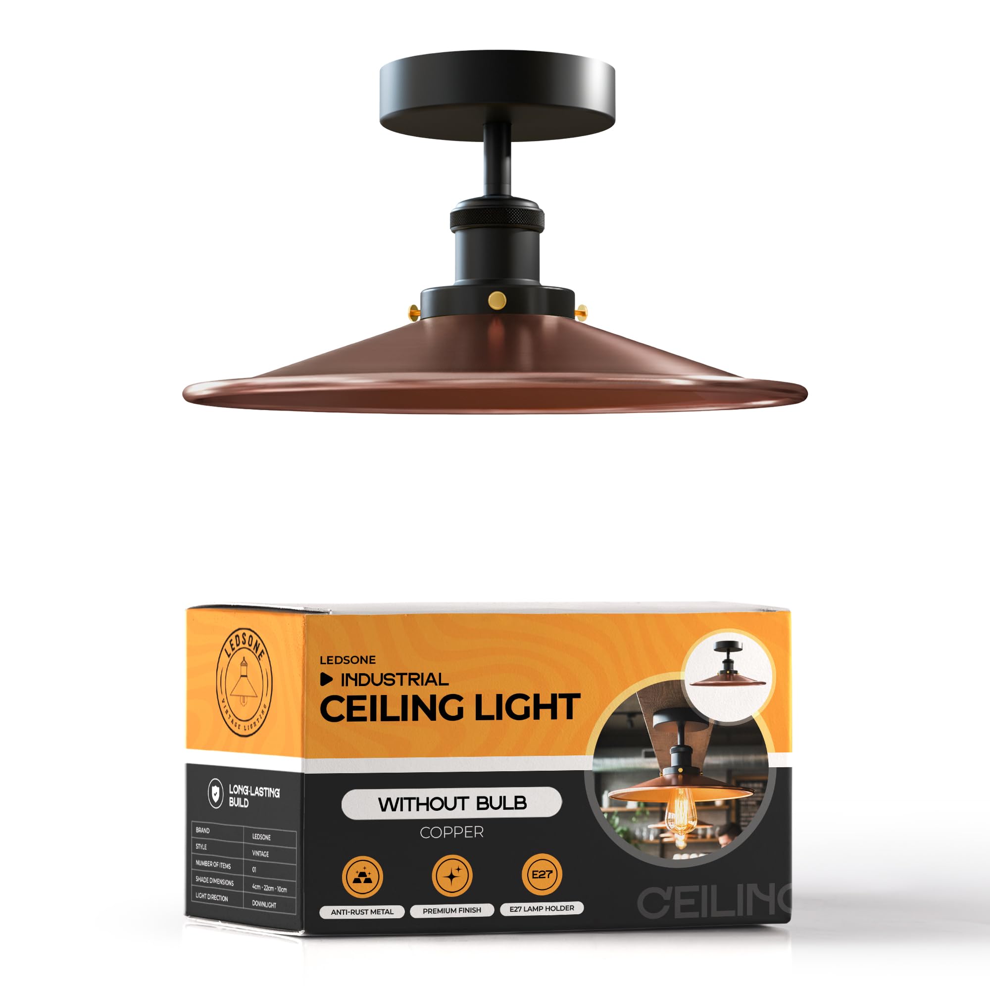 LEDSone Ceiling Lights Industrial Chandeliers Semi Flush Ceiling Lamp Metal Copper Lampshade with E27 Base LED Ceiling Lighting Fixture for Bedroom, Living Room,Kitchen, Hallway EPC A+