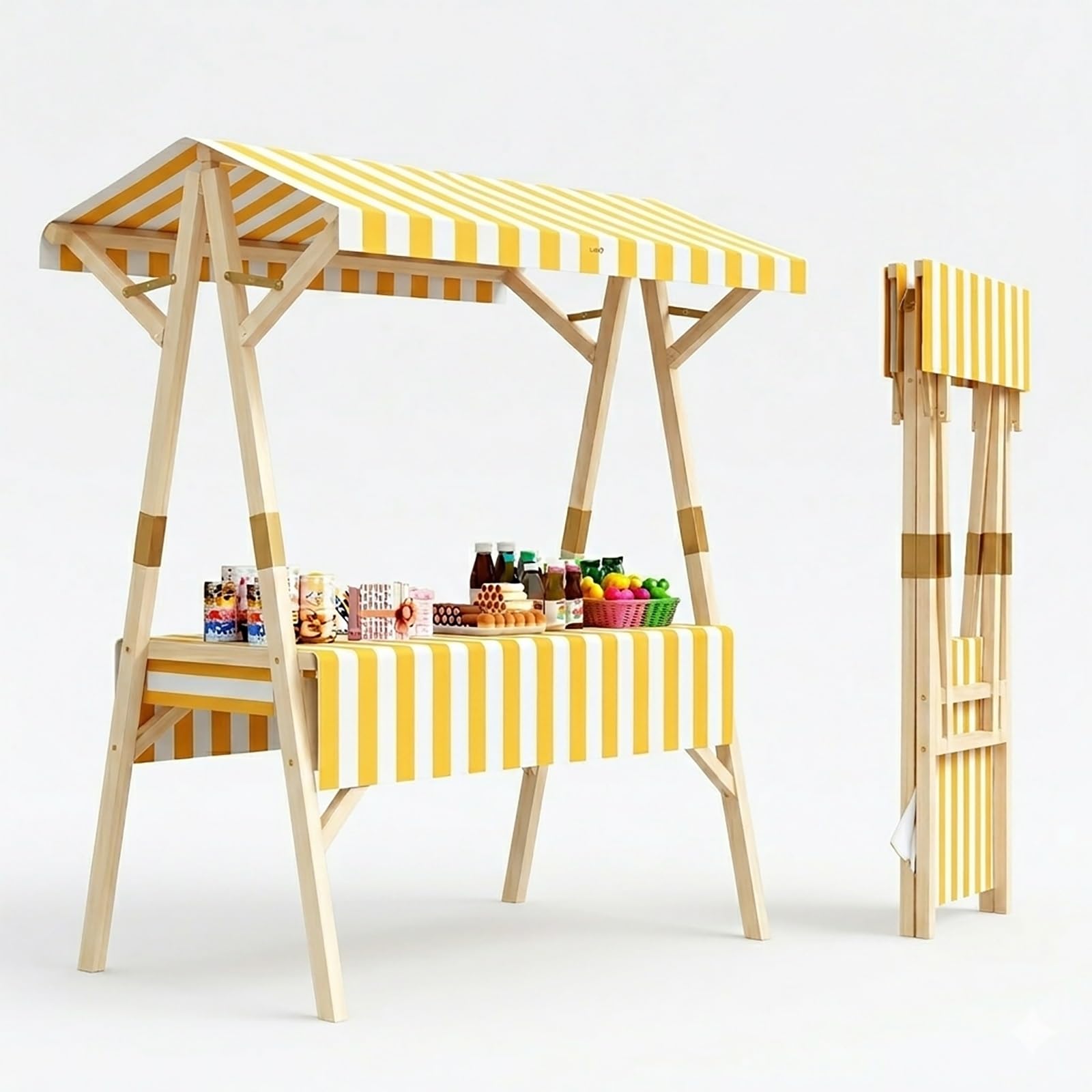WYHBXD Portable Vendor Stand Food Cart, Folding Market Stall with Canopy & Shelves, Solid Wood Street Booth for Lemonade, Coffee, Ice Cream, Snacks, Pop-up Retail Events & Festivals(Yellow,150cm/59)