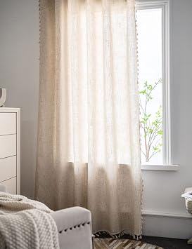AMZALI Cotton Linen Textured Curtains with Tassel Semi-Blackout Drapes Farmhouse Window Curtain Panels Rod Pocket Curtain for Living Room Bedroom One Panel 63 Inch Length