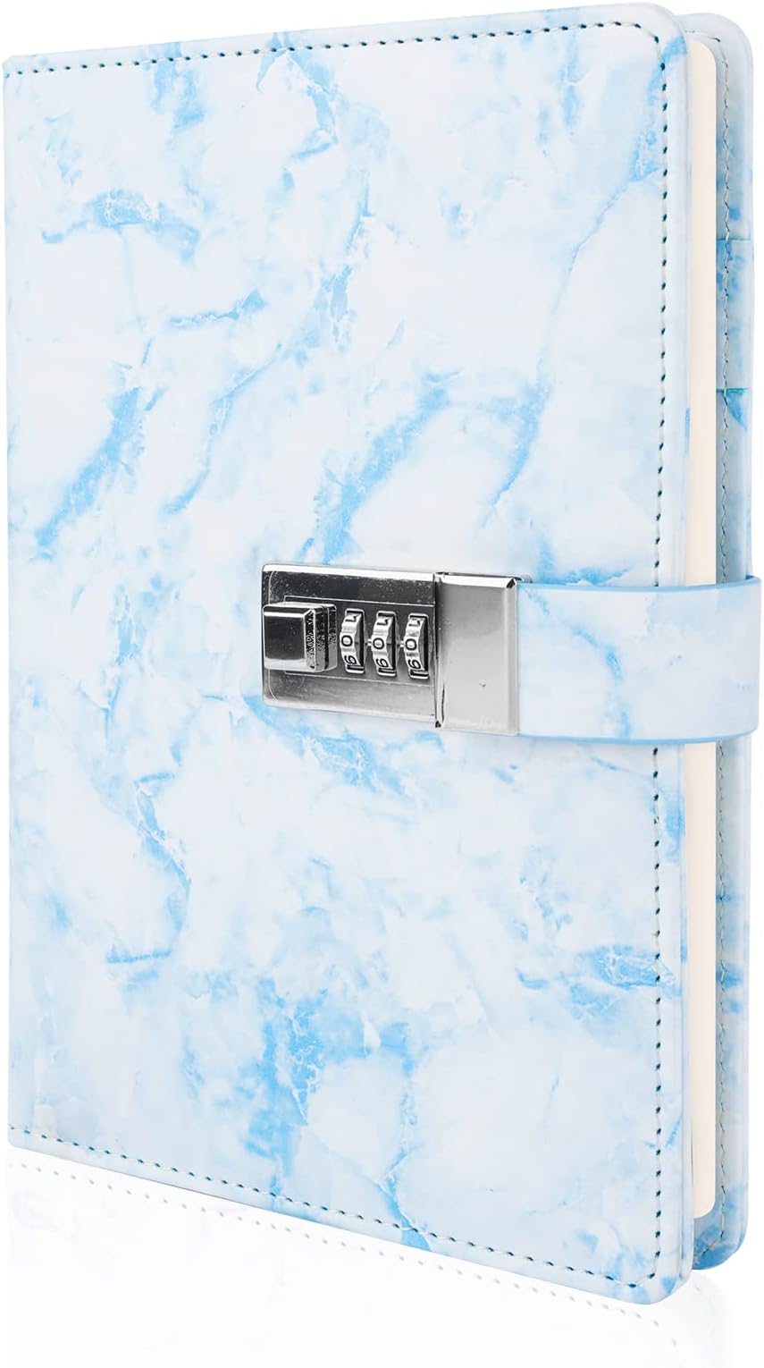 Marble Diary with Lock, Refillable A5 Daily Journal for Girls and Women, 192 Pages Cute Notebook with Combination Lock for Teen Girls and Boys - Blue