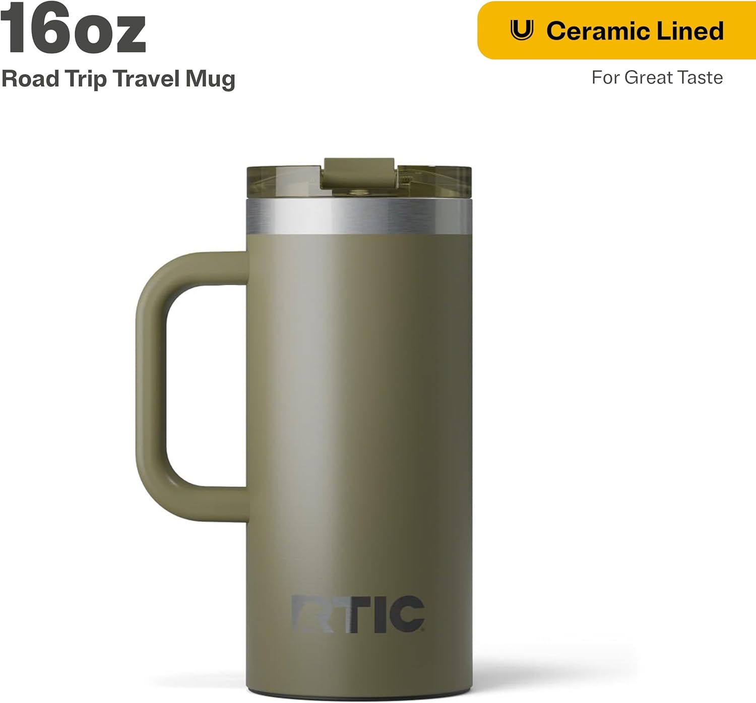 RTIC 16oz Road Trip Travel Mug with Lid and Handle, Ceramic Lined, Insulated, Stainless Steel, Metal, Double Wall Vacuum-Insulation, Portable Coffee, Tea Cup for Hot and Cold Drink, Olive - Image 2