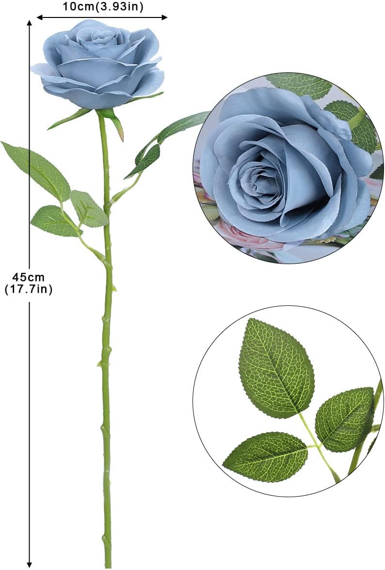 LVEFIT Artificial Rose Flower Artificial Flowers Flower with Long Stem Silk Roses Bouquet for Wedding Bridal Shower Party Home Decoration (Dusty Blue, 12 Pcs) - Image 3