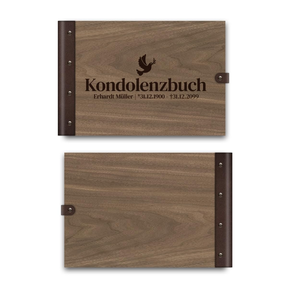 Personalisiertes Kondolenzbuch Todesfall echtes Holz DIN A4 Gästebuch mit Lasergravur - Friedenstaube - mit 72 Blatt / 144 Seiten Naturpapier Weiß