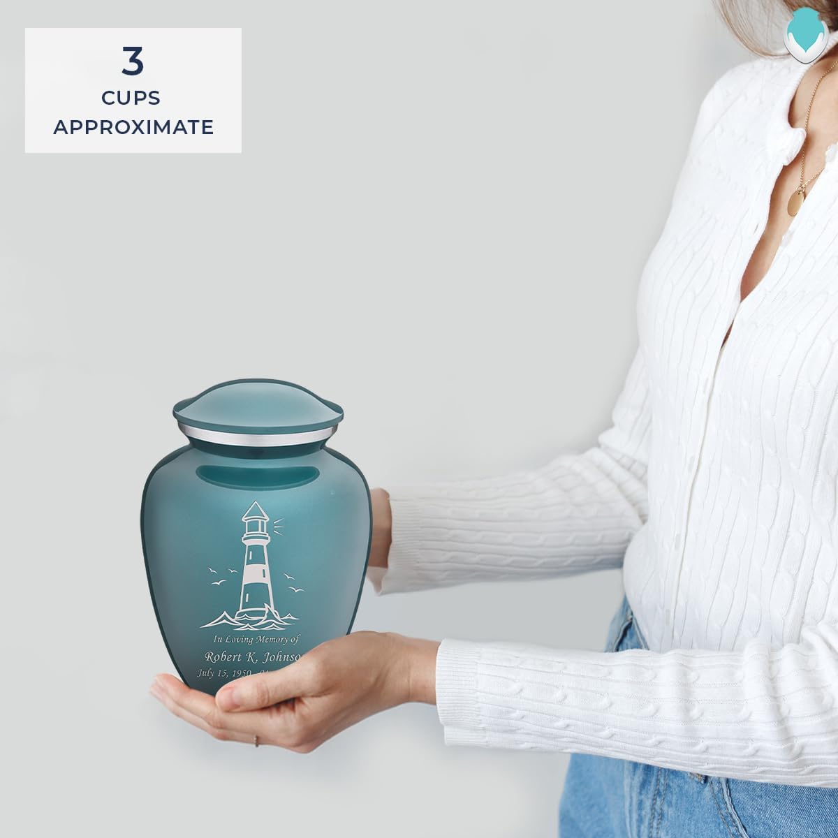 Geturns Embrace Small Personalized Lighthouse Cremation Urns for Human Ashes I Teal Funeral Urn for Women and Men I 44 lbs