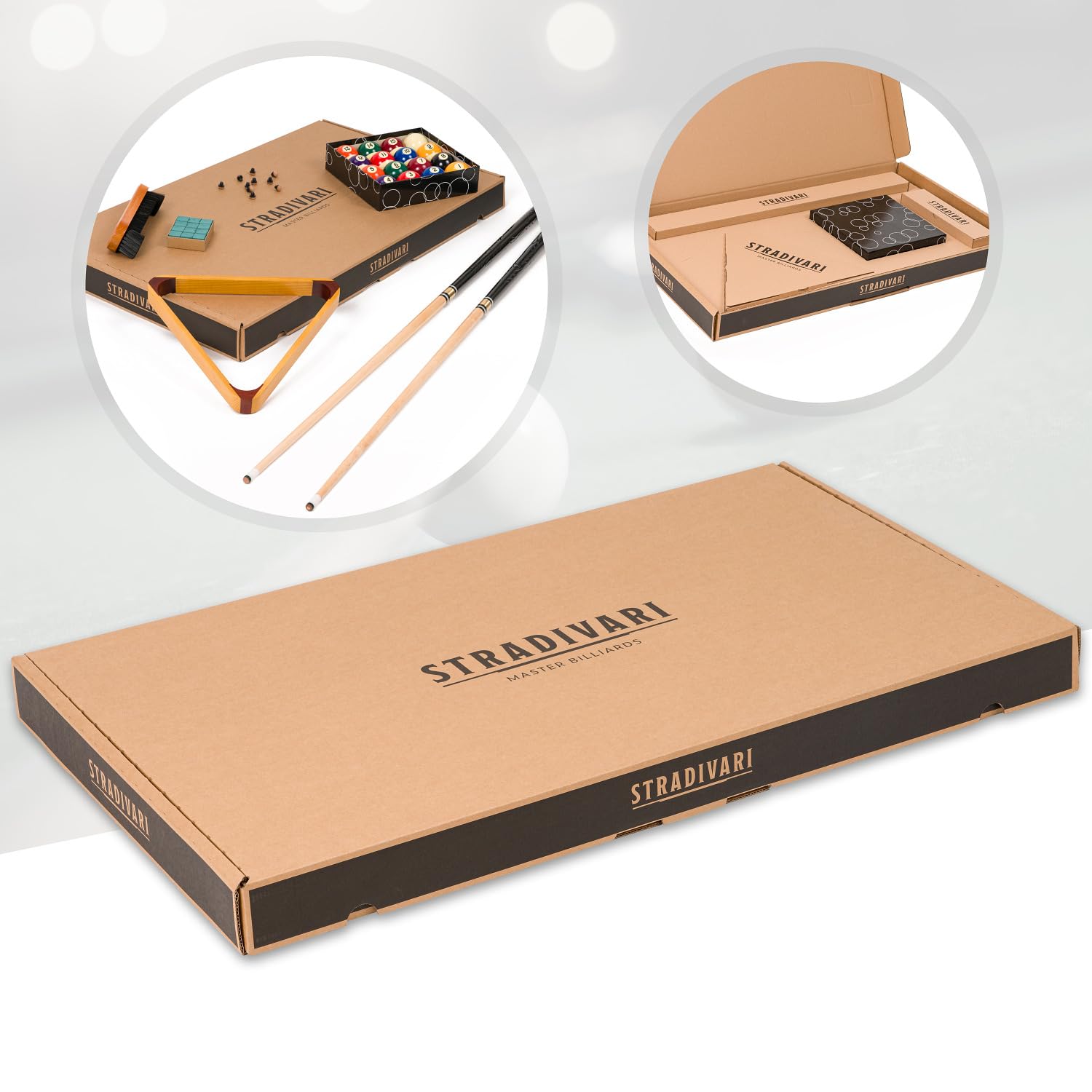 Stradivari Billard Equipment Set | Queue Set mit Kugeln, Dreieck, Kreide, Bürste und 10 Ersatzleder | Hochwertige Ausführung | Schwarz | Vielseitiges Zubehör
