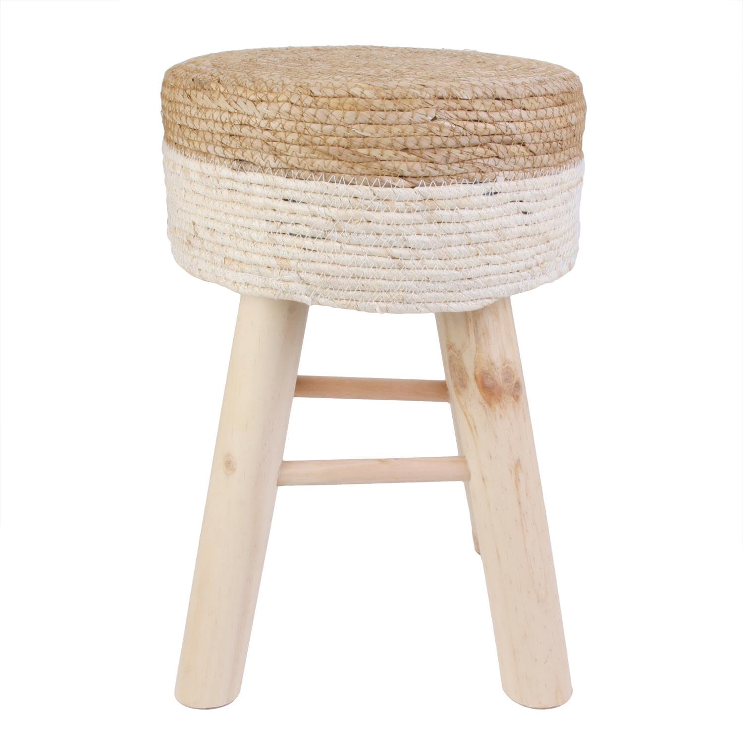 Sgabello rotondo in iuta, diametro 30 cm, altezza 42 cm, gambe in legno naturale, design bicolore marrone/bianco
